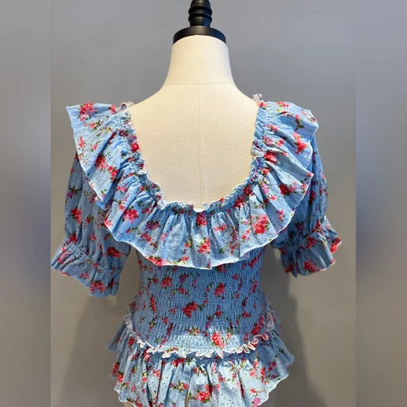 Free People Blue and White Floral Ruffled Blouse - Picture 3 of 5